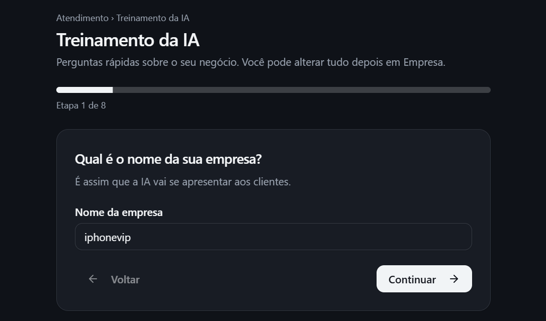 Primeira etapa do treinamento da IA no painel do FlowZap