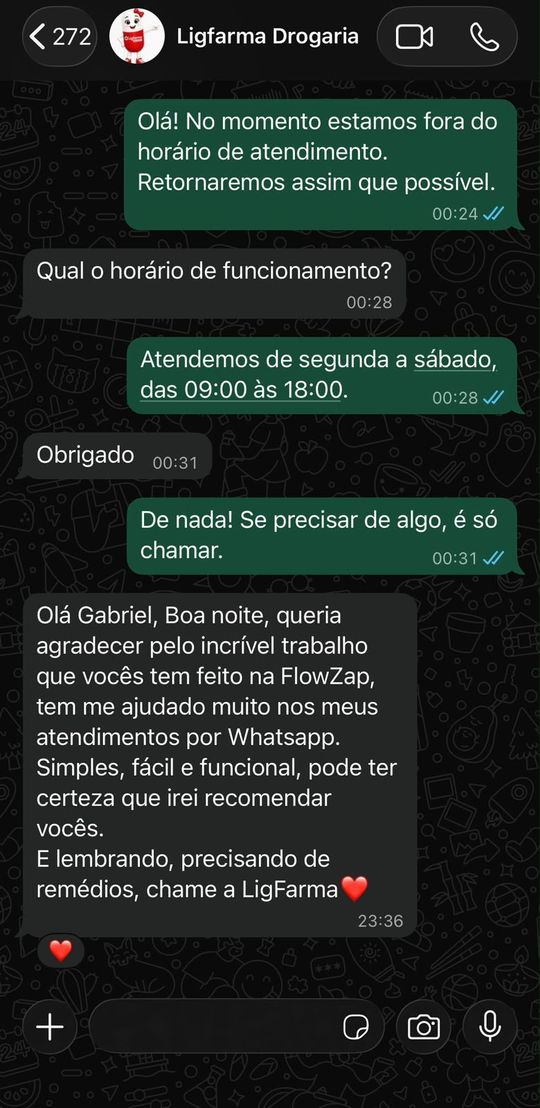 Print de conversa real mostrando o FlowZap respondendo horário de atendimento e o cliente agradecendo