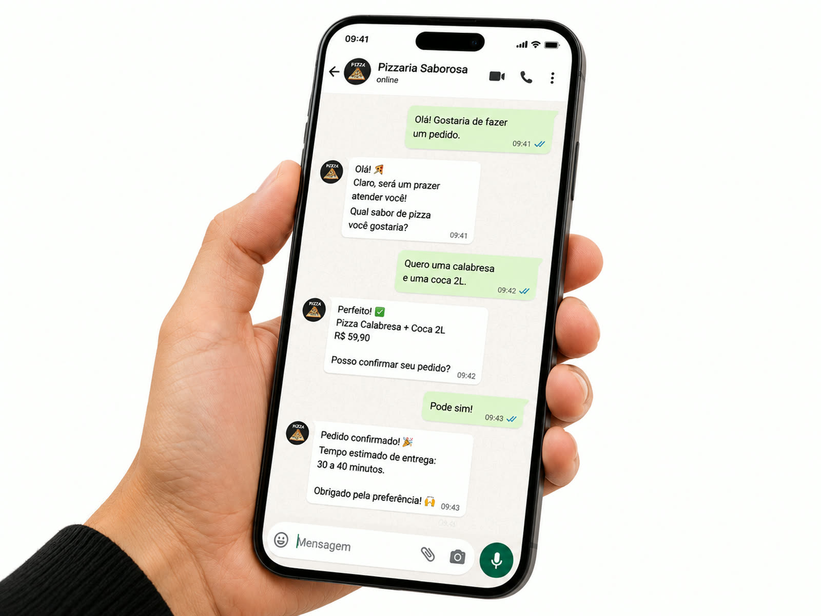Celular na mão mostrando um atendimento automático no WhatsApp com pedido confirmado pela IA